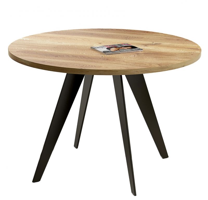 Enke Tisch: Runder Esstisch Trebord mit Holzplatte und schwarzen Metallbeinen. Moderner Küchentisch.